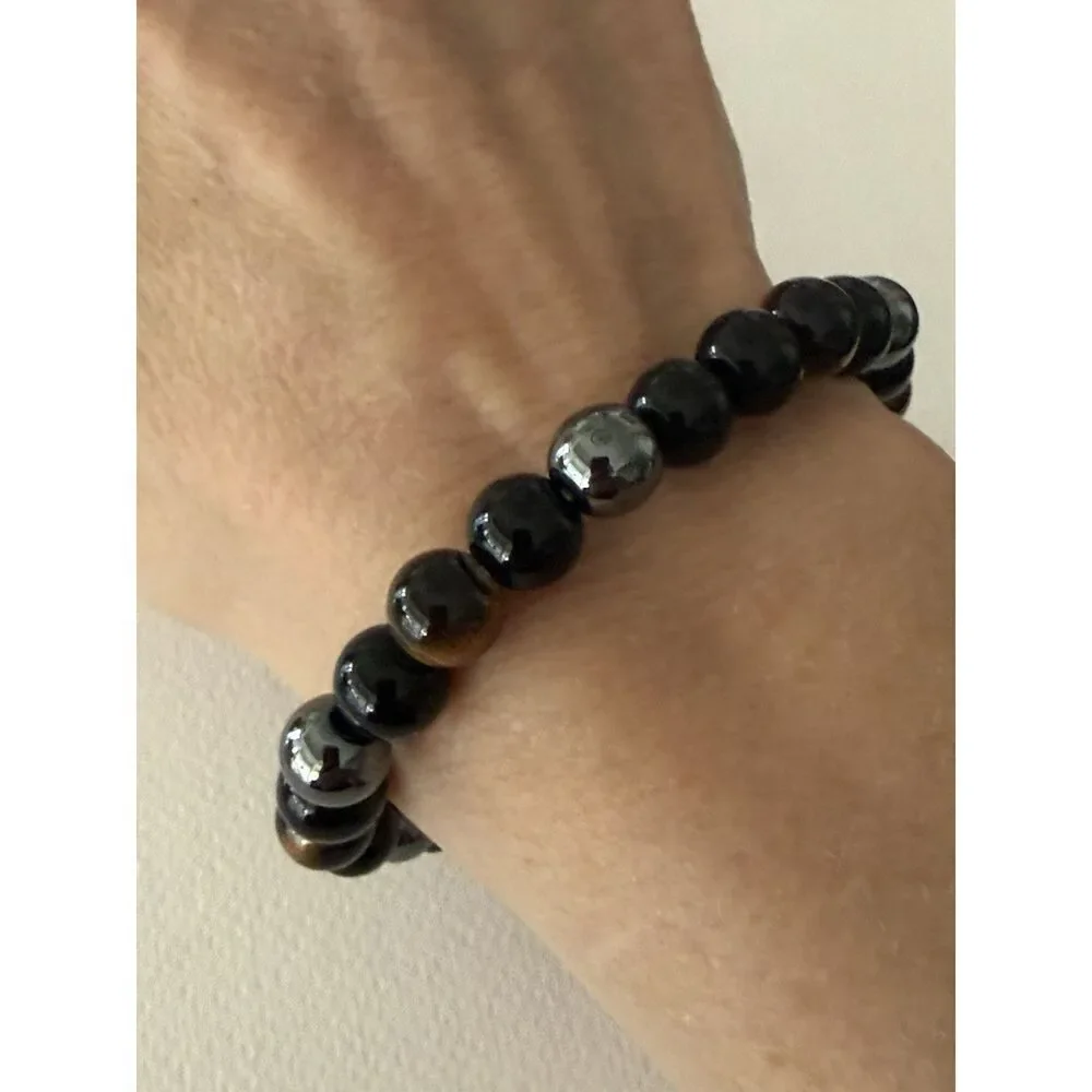 Set of 6 Tiger’s Eye Pattern and Hematite Finish Stretch Bracelets
